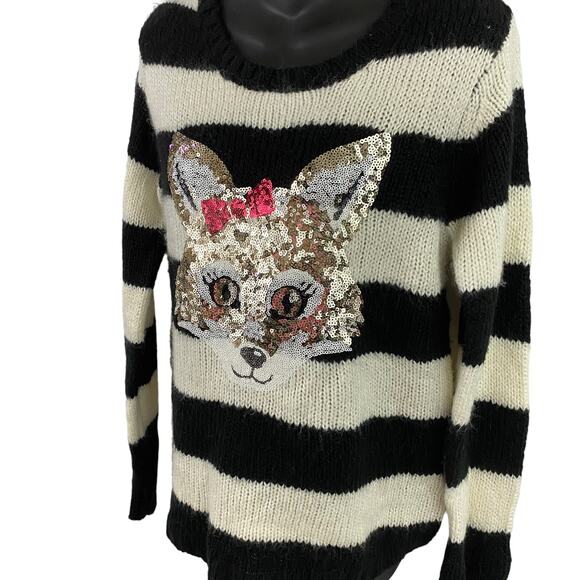 Justice Sequin Critter Fox Black White Striped Sweater Size 20 - Picture 3 of 6